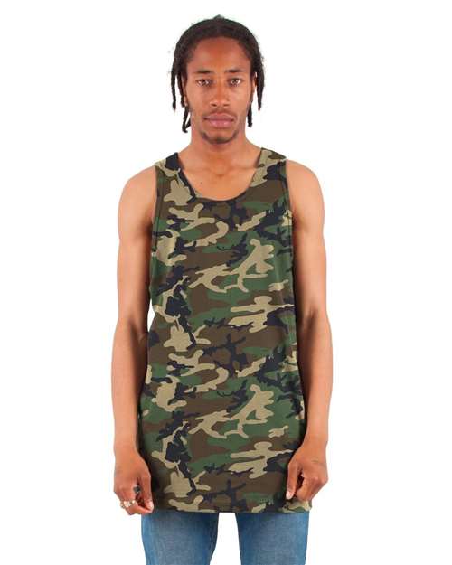 Camo Green - Shaka Wear Unisex Active Tank with Custom Logo Printing Shaka Wear Unisex Active Tank in Camo Green, front view on model
