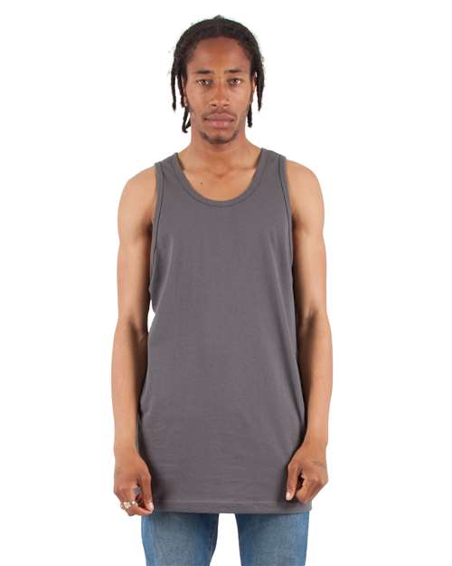 Dark Grey - Shaka Wear Unisex Active Tank with Custom Logo Printing Shaka Wear Unisex Active Tank in Dark Grey, front view on model