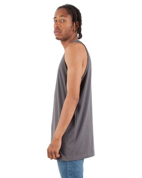 Dark Grey - Shaka Wear Unisex Active Tank with Custom Logo Printing Shaka Wear Unisex Active Tank in Dark Grey, side view on model