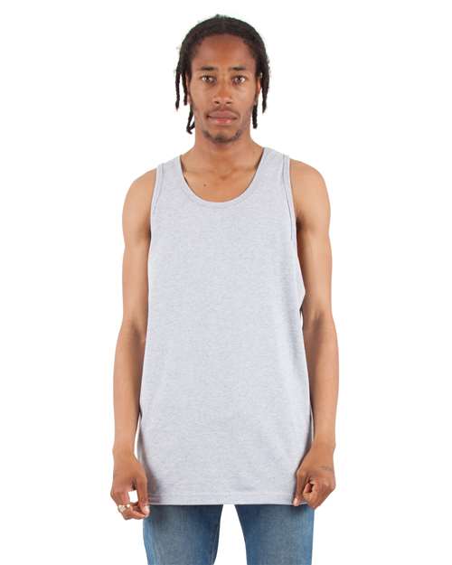 Heather Grey - Shaka Wear Unisex Active Tank with Custom Logo Printing Shaka Wear Unisex Active Tank in Heather Grey, front view on model