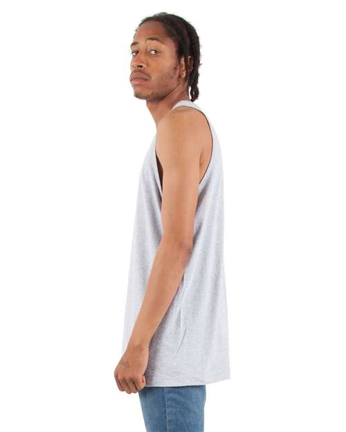 Heather Grey - Shaka Wear Unisex Active Tank with Custom Logo Printing Shaka Wear Unisex Active Tank in Heather Grey, side view on model