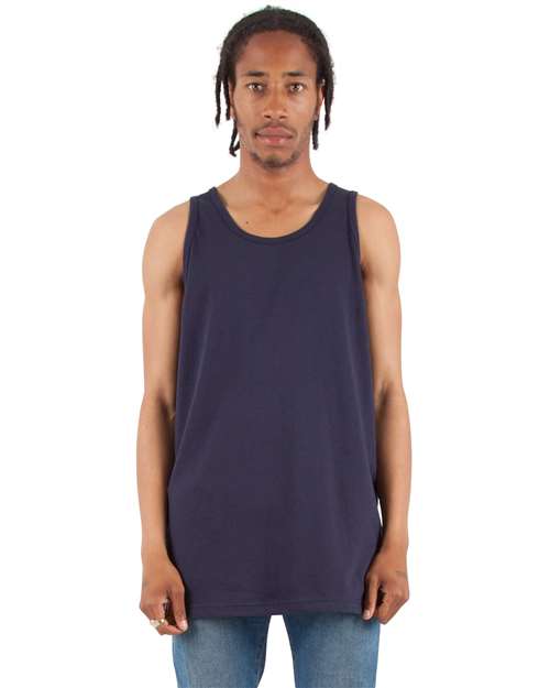 Navy - Shaka Wear Unisex Active Tank with Custom Logo Printing Shaka Wear Unisex Active Tank in Navy, front view on model