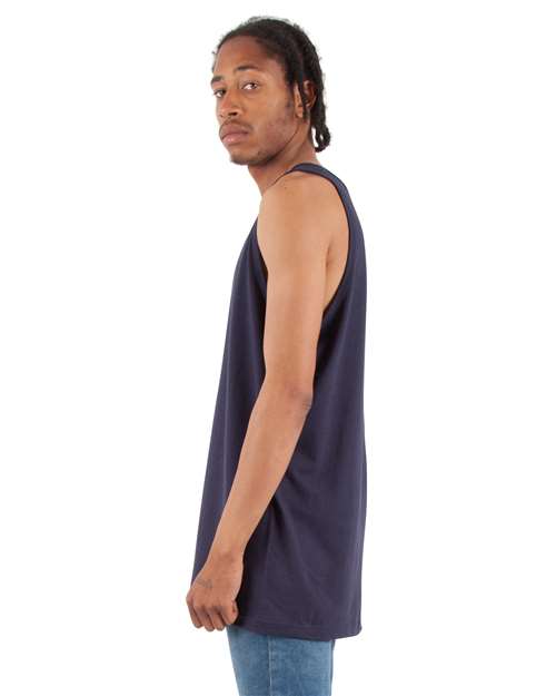 Navy - Shaka Wear Unisex Active Tank with Custom Logo Printing Shaka Wear Unisex Active Tank in Navy, side view on model