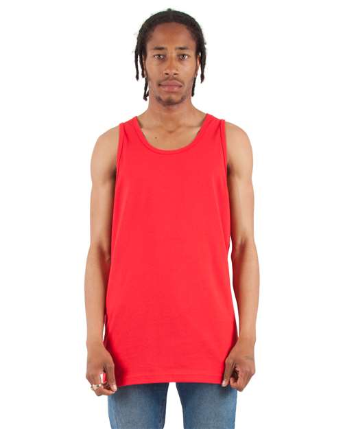 Red - Shaka Wear Unisex Active Tank with Custom Logo Printing Shaka Wear Unisex Active Tank in Red, front view on model
