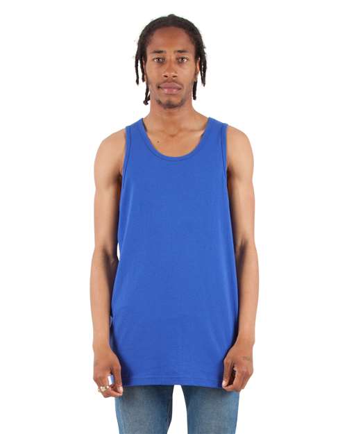 Royal - Shaka Wear Unisex Active Tank with Custom Logo Printing Shaka Wear Unisex Active Tank in Royal, front view on model