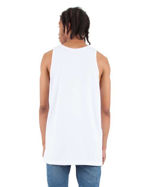 White - Shaka Wear Unisex Active Tank with Custom Logo Printing Shaka Wear Unisex Active Tank in White, back view on model
