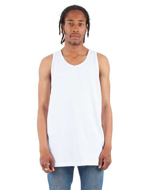 White - Shaka Wear Unisex Active Tank with Custom Logo Printing Shaka Wear Unisex Active Tank in White, front view on model