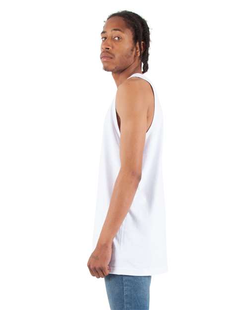 White - Shaka Wear Unisex Active Tank with Custom Logo Printing Shaka Wear Unisex Active Tank in White, side view on model