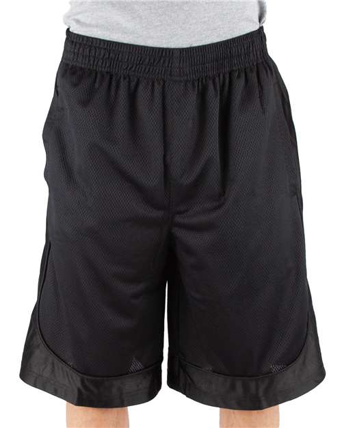 Black - Shaka Wear Unisex Mesh Shorts with Custom Logo Embroidery Shaka Wear Unisex Mesh Shorts in Black, front view on model
