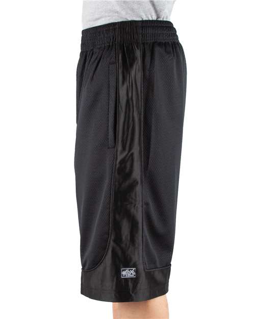 Black - Shaka Wear Unisex Mesh Shorts with Custom Logo Embroidery Shaka Wear Unisex Mesh Shorts in Black, side view on model