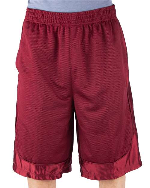 Burgundy - Shaka Wear Unisex Mesh Shorts with Custom Logo Embroidery Shaka Wear Unisex Mesh Shorts in Burgundy, front view on model