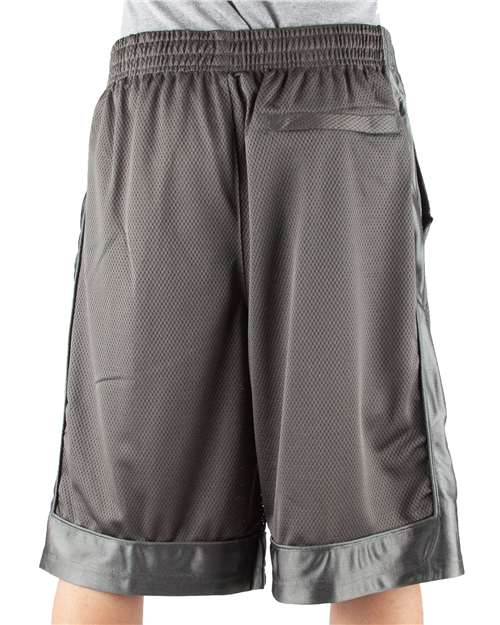 Dark Grey - Shaka Wear Unisex Mesh Shorts with Custom Logo Embroidery Shaka Wear Unisex Mesh Shorts in Dark Grey, back view on model