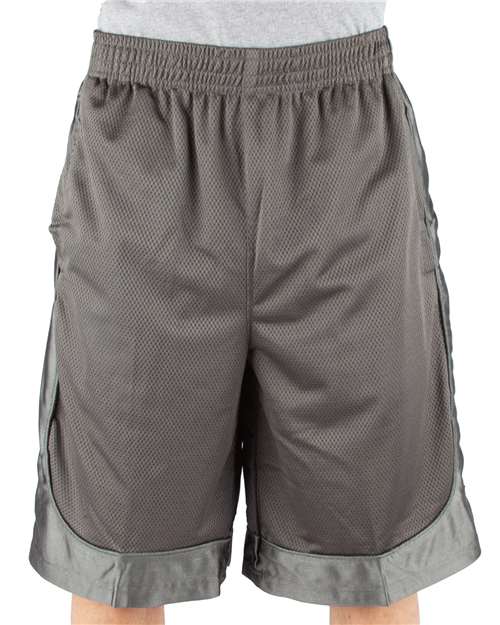 Dark Grey - Shaka Wear Unisex Mesh Shorts with Custom Logo Embroidery Shaka Wear Unisex Mesh Shorts in Dark Grey, front view on model
