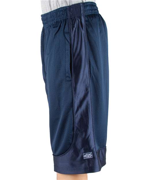 Navy - Shaka Wear Unisex Mesh Shorts with Custom Logo Embroidery Shaka Wear Unisex Mesh Shorts in Navy, side view on model