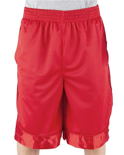 Red - Shaka Wear Unisex Mesh Shorts with Custom Logo Embroidery Shaka Wear Unisex Mesh Shorts in Red, front view on model