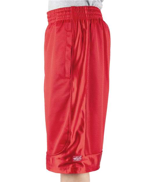 Red - Shaka Wear Unisex Mesh Shorts with Custom Logo Embroidery Shaka Wear Unisex Mesh Shorts in Red, side view on model