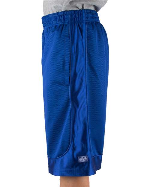 Royal - Shaka Wear Unisex Mesh Shorts with Custom Logo Embroidery Shaka Wear Unisex Mesh Shorts in Royal, side view on model