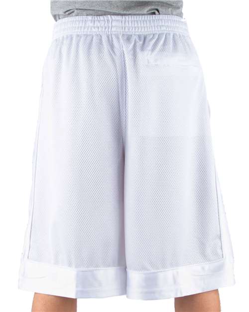 White - Shaka Wear Unisex Mesh Shorts with Custom Logo Embroidery Shaka Wear Unisex Mesh Shorts in White, back view on model