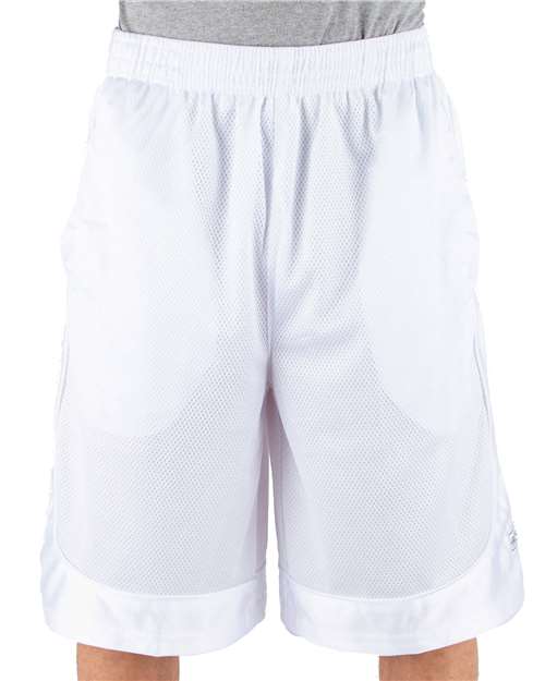 White - Shaka Wear Unisex Mesh Shorts with Custom Logo Embroidery Shaka Wear Unisex Mesh Shorts in White, front view on model