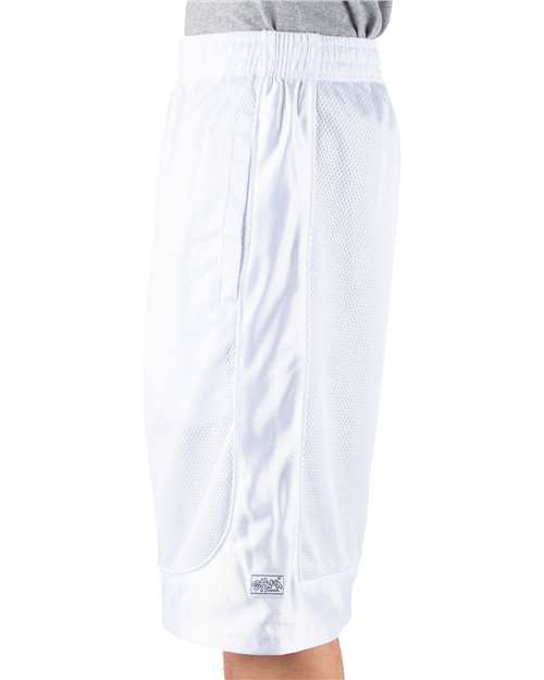 White - Shaka Wear Unisex Mesh Shorts with Custom Logo Embroidery Shaka Wear Unisex Mesh Shorts in White, side view on model