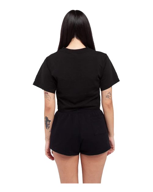Black - Shaka Wear Women's Garment-Dyed Cropped Tee with Custom Logo Shaka Wear Women's Garment-Dyed Cropped Tee in Black, back view on model