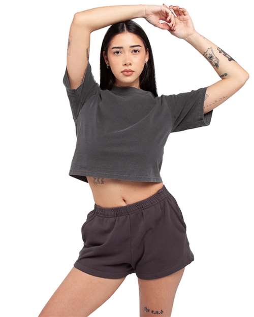 Shadow - Women's Garment-Dyed Cropped Tee Shaka Wear Women's Garment-Dyed Cropped Tee in Shadow, side view on model