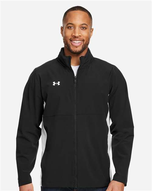Black/ White - Under Armour 1390159 Men's Jacket with Custom Embroidery Under Armour Men's Rival Stretch Jacket in Black/White, front view on model