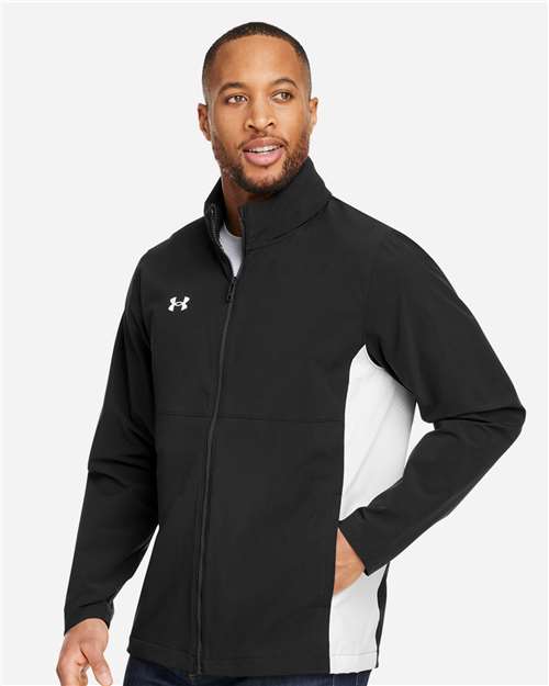 Black/ White - Under Armour 1390159 Men's Jacket with Custom Embroidery Under Armour Men's Rival Stretch Jacket in Black/White, side view on model