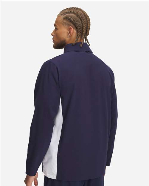 Midnight Navy/ White - Under Armour 1390159 Men's Jacket with Custom Embroidery Under Armour Men's Rival Stretch Jacket in Midnight Navy/White, back view on model