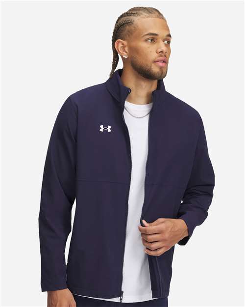 Midnight Navy/ White - Under Armour 1390159 Men's Jacket with Custom Embroidery Under Armour Men's Rival Stretch Jacket in Midnight Navy/White, front view on model