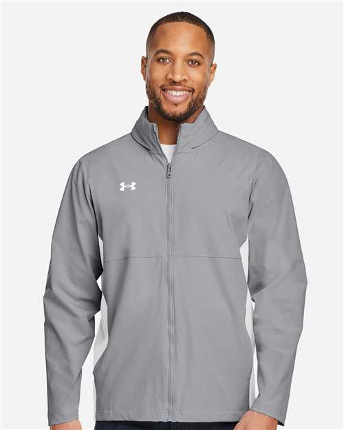 Mod Grey/ White - Under Armour 1390159 Men's Jacket with Custom Embroidery Under Armour Men's Rival Stretch Jacket in Mod Grey/White, front view on model