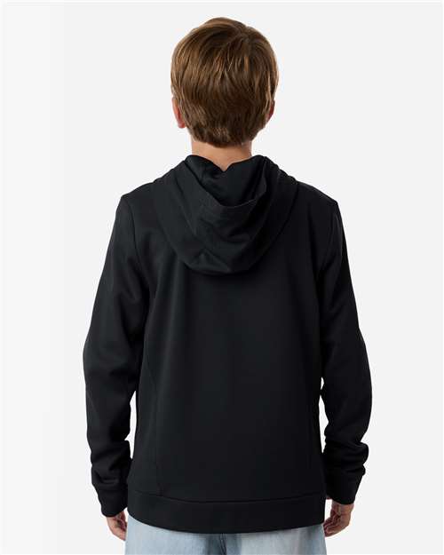 Black - Team 365 Squad Hooded Tech Fleece Pullover with Custom Logo Team 365 Youth Squad Hooded Tech Fleece Pullover in Black, back view on model
