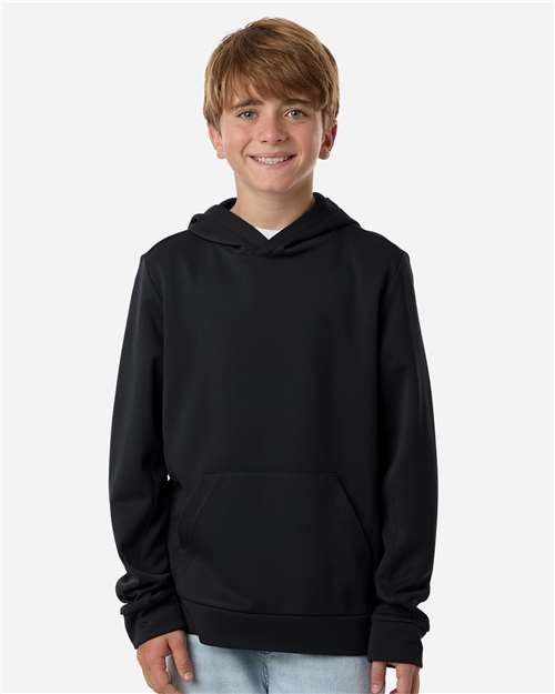 Black - Team 365 Squad Hooded Tech Fleece Pullover with Custom Logo Team 365 Youth Squad Hooded Tech Fleece Pullover in Black, front view on model