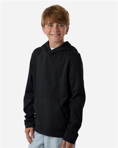 Black - Team 365 Squad Hooded Tech Fleece Pullover with Custom Logo Team 365 Youth Squad Hooded Tech Fleece Pullover in Black, side view on model