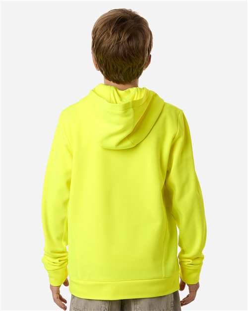 Safety Yellow - Team 365 Squad Hooded Tech Fleece Pullover with Custom Logo Team 365 Youth Squad Hooded Tech Fleece Pullover in Safety Yellow, back view on model