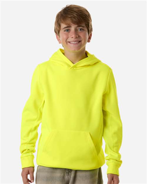 Safety Yellow - Team 365 Squad Hooded Tech Fleece Pullover with Custom Logo Team 365 Youth Squad Hooded Tech Fleece Pullover in Safety Yellow, front view on model