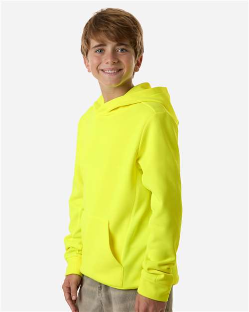 Safety Yellow - Team 365 Squad Hooded Tech Fleece Pullover with Custom Logo Team 365 Youth Squad Hooded Tech Fleece Pullover in Safety Yellow, side view on model