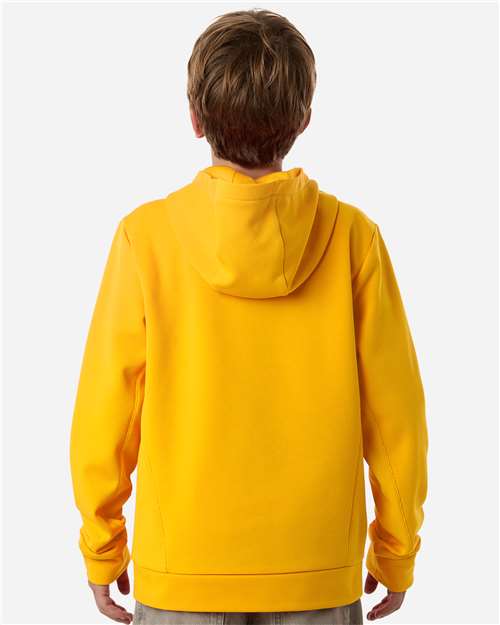 Sport Athletic Gold - Team 365 Squad Hooded Tech Fleece Pullover with Custom Logo Team 365 Youth Squad Hooded Tech Fleece Pullover in Sport Athletic Gold, back view on model