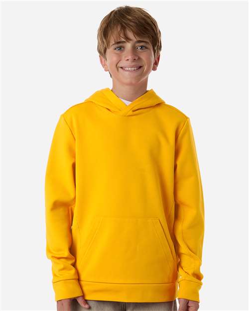 Sport Athletic Gold - Team 365 Squad Hooded Tech Fleece Pullover with Custom Logo Team 365 Youth Squad Hooded Tech Fleece Pullover in Sport Athletic Gold, front view on model