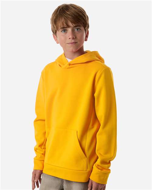 Sport Athletic Gold - Team 365 Squad Hooded Tech Fleece Pullover with Custom Logo Team 365 Youth Squad Hooded Tech Fleece Pullover in Sport Athletic Gold, side view on model