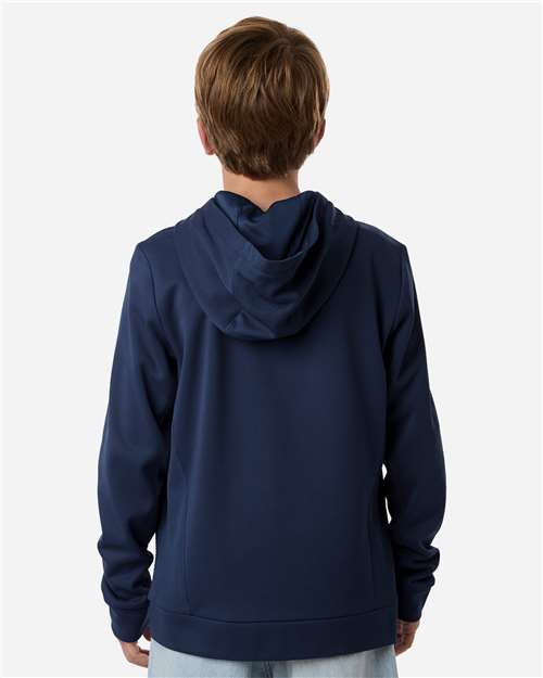 Sport Dark Navy - Team 365 Squad Hooded Tech Fleece Pullover with Custom Logo Team 365 Youth Squad Hooded Tech Fleece Pullover in Sport Dark Navy, back view on model
