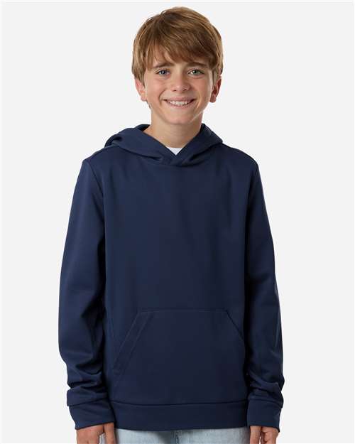 Sport Dark Navy - Team 365 Squad Hooded Tech Fleece Pullover with Custom Logo Team 365 Youth Squad Hooded Tech Fleece Pullover in Sport Dark Navy, front view on model