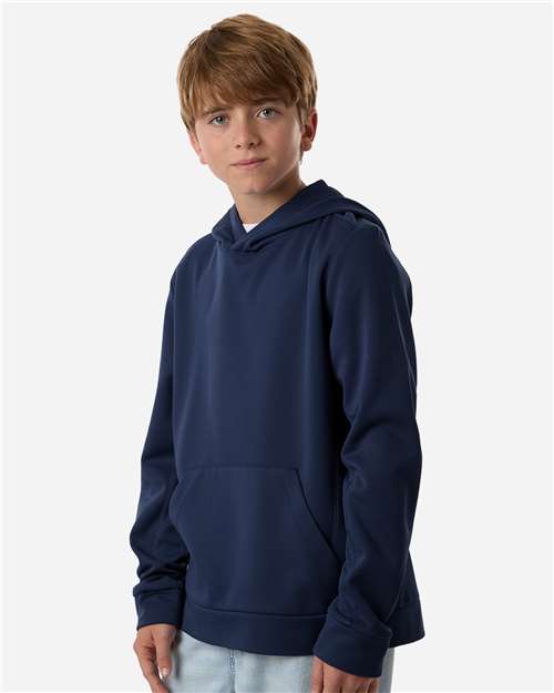 Sport Dark Navy - Team 365 Squad Hooded Tech Fleece Pullover with Custom Logo Team 365 Youth Squad Hooded Tech Fleece Pullover in Sport Dark Navy, side view on model