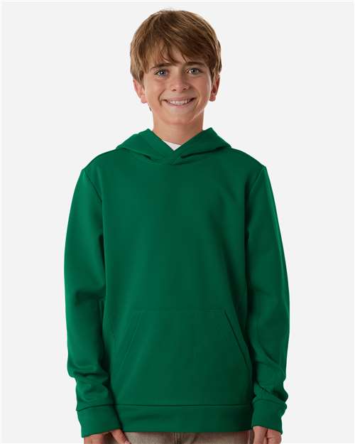 Sport Forest - Team 365 Squad Hooded Tech Fleece Pullover with Custom Logo Team 365 Youth Squad Hooded Tech Fleece Pullover in Sport Forest, front view on model