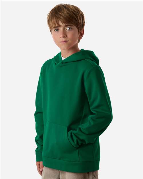 Sport Forest - Team 365 Squad Hooded Tech Fleece Pullover with Custom Logo Team 365 Youth Squad Hooded Tech Fleece Pullover in Sport Forest, side view on model