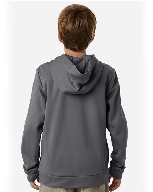 Sport Graphite - Team 365 Squad Hooded Tech Fleece Pullover with Custom Logo Team 365 Youth Squad Hooded Tech Fleece Pullover in Sport Graphite, back view on model
