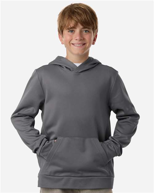Sport Graphite - Team 365 Squad Hooded Tech Fleece Pullover with Custom Logo Team 365 Youth Squad Hooded Tech Fleece Pullover in Sport Graphite, front view on model
