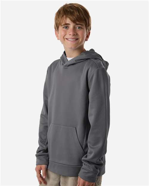 Sport Graphite - Team 365 Squad Hooded Tech Fleece Pullover with Custom Logo Team 365 Youth Squad Hooded Tech Fleece Pullover in Sport Graphite, side view on model