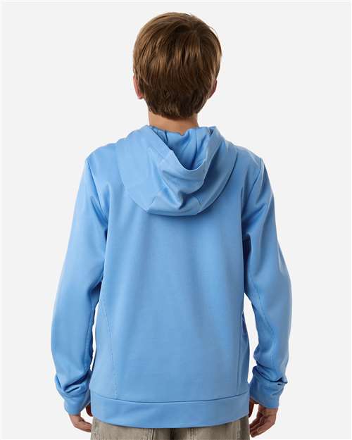 Sport Light Blue - Team 365 Squad Hooded Tech Fleece Pullover with Custom Logo Team 365 Youth Squad Hooded Tech Fleece Pullover in Sport Light Blue, back view on model