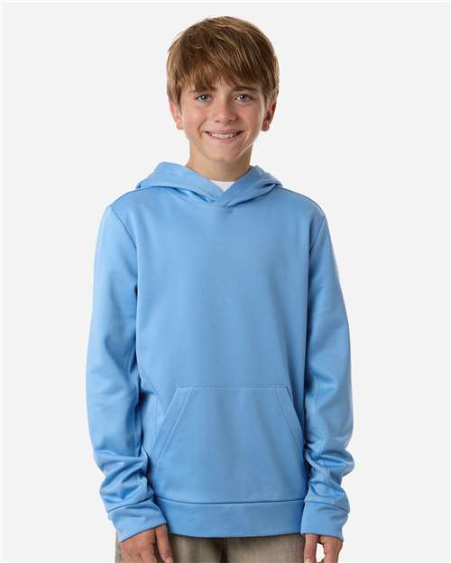Sport Light Blue - Team 365 Squad Hooded Tech Fleece Pullover with Custom Logo Team 365 Youth Squad Hooded Tech Fleece Pullover in Sport Light Blue, front view on model